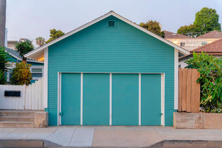 Aqua blue detached garage exterior at Oceanside, Californiaの写真素材