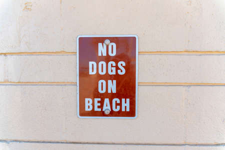 No dogs on beach against the beige wall at San Clemente, Orange County, Californiaの写真素材
