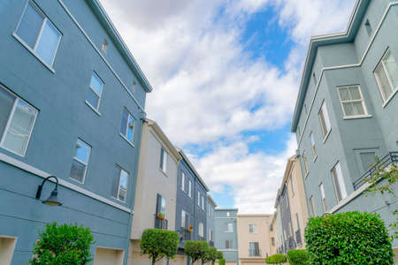 Low angle view of complex apartment buildings in Silicon Valley, San Jose, Californiaの写真素材