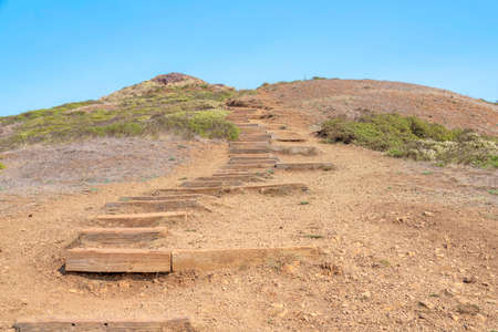 View from Twin Peaks in San Francisco, California of a trail with wooden steps on the slopeの写真素材