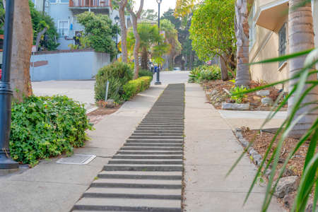 Pathway with layered concrete ground in the middle at San Francisco, Californiaの写真素材