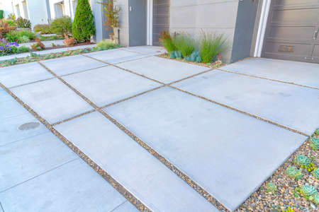 Driveways with concrete pavers and plants on the side at San Francisco, Californiaの写真素材