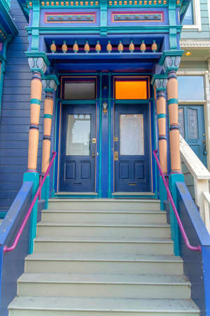 Porch of two townhouses with one staircase and porch at San Francisco, Californiaの写真素材