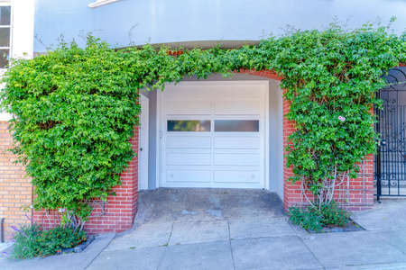 Small concrete driveway with white front door and white garage door with glass in San Francisco, CAの写真素材