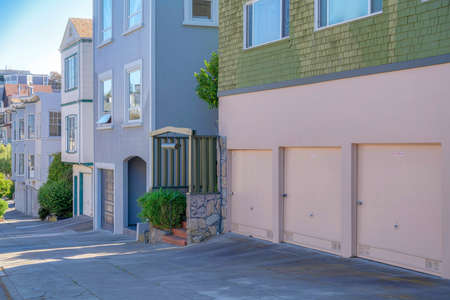 San Francisco residential buildings on a sloped street in Californiaの写真素材