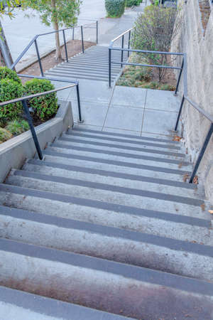 High angle view of an outdoor concrete stairs with landing in the middle at San Francisco, CAの写真素材