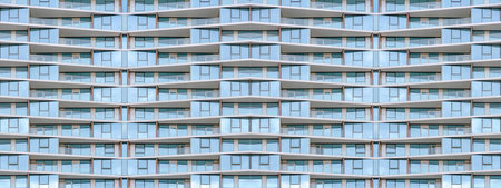 Abstract mirrored background Glass building with glass railing on the balconies at Silicon Valley,...