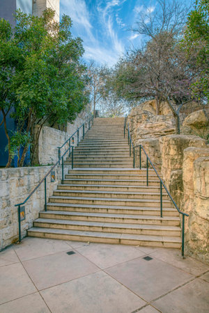 San Antonio, Texas- Staircase at River Walk near San Antonio River. Stairs with handrails in the...