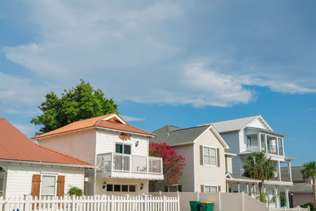 Facade of fenced suburban houses with wood wall sidings in Destin, Florida. There are two houses from the left with string lights on the eaves along the other two houses with palm trees at the front.の写真素材