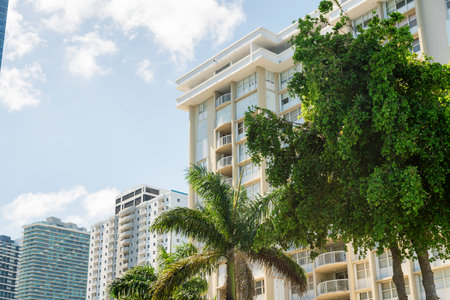 Trees at the front of condominium buildings in a row against the bright sky background in Miami, FL. Row of multi-storey residential buildings with balconies and modern architectural exterior.の写真素材