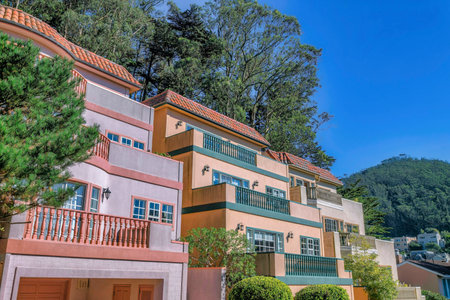 San Francisco California homes with clear blue sky and trees background. Real estate landscape with houses at a neighborhood on a bright sunny day.の写真素材