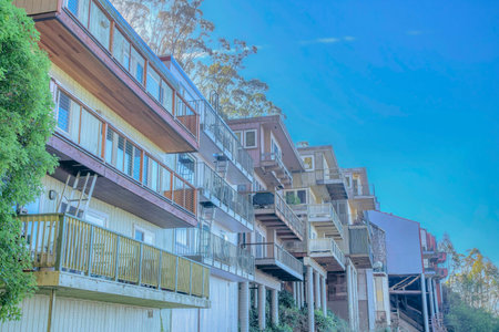 Houses or apartments in San Francisco California with blue sky background. Exterior of homes in a quiet neighborhood viewed from the road on a bright and sunny day.の写真素材