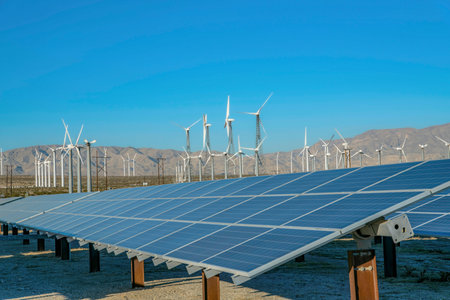 Windmills and solar panels with mountain and blue sky on a sunny day. The windmills and solar panels...