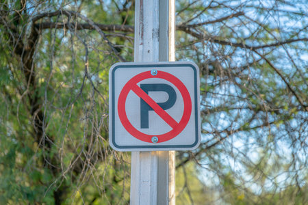No parking sign on a metal post at downtown Tucson, Arizona. Close-up No Parking sign against the green tree leaves at the background.の写真素材