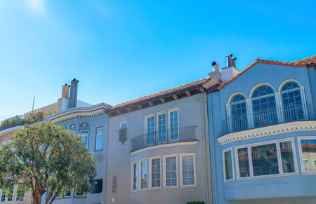 Adjacent houses with italiante design against the clear blue sky in San Francisco, California. There is a tree on the left at the front of the houses with balconies and paned windows.の写真素材