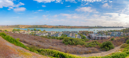Top view of a residential area at Southern California. View from a hill with grass and bushes near the residential area with houses and complex buildings with harbor on the waterfront nearby.の写真素材