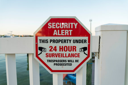 Security Alert This Property Under 24 Hour Surveillance sign on a railings at Destin, Florida. Close-up of a signage of a private property near the sea.の写真素材
