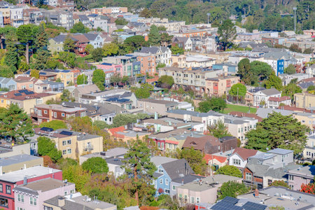 High angle view of San Francisco residential area in California. View of different residential buildings with trees outside near the streets.の写真素材