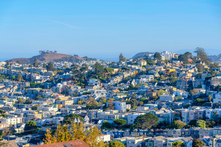 San Francisco, California neighborhood with dense houses in a high angle view. View of different...