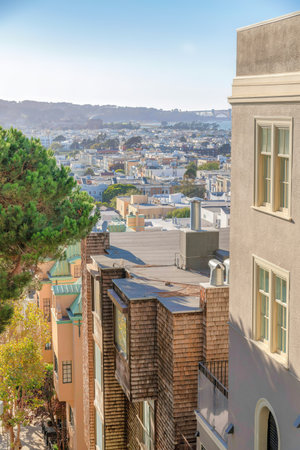 High angle view of residential area at San Francisco, California. There is a row of houses at the front against the dense houses at the back.の写真素材