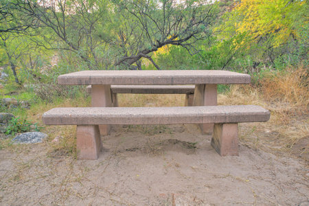 Sabino Canyon State Park, Tucson, Arizona- Concrete picnic table. Dining table near the shrub trees on a campgroundat the background.の写真素材