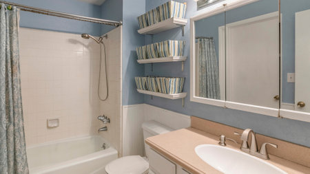 Panorama Bathroom interior with linen storage baskets on a floating shelves. There is a vanity sink on the left with mirror cabinets on the wall near the toilet beside the bathtub with tile wall panel.の写真素材