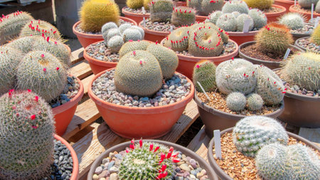 Panorama Different types of cactuses in a pot with small pebbles. Potted variety of cactuses on a wooden planks against the view of plants on the blurry background.の写真素材