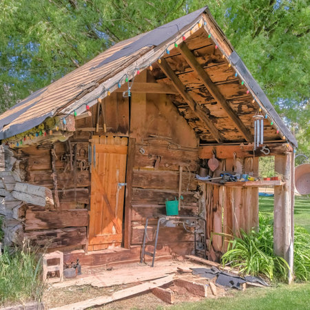 Square Old wooden shed in the middle of a green lawn and trees. Small shed exterior with colorful string lights and tools at the front with a view of a residential house at the back.の写真素材