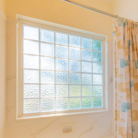 Square Interior of a bathroom with aquatic theme designs on the shower curtain and framed shells. There is a toilet on the left and bathtub near the large window with textured glass panes.の写真素材