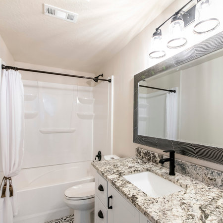 Square Interior of a bathroom with black and white theme colors. There is a vanity sink with marble top and framed mirror near the toilet and bathtub with shower curtain.の写真素材