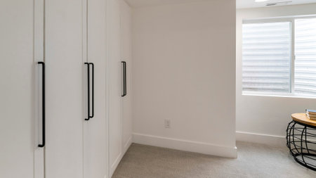 Panorama White cabinet doors in a room with carpeted flooring. Interior of a room with books on top of the coffee table against the sliding glass window with a view of the steel window well.の写真素材