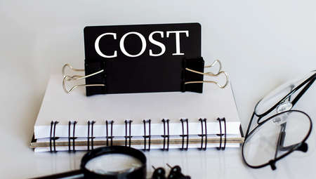Business reports. above view on office table workspace with COSTの写真素材