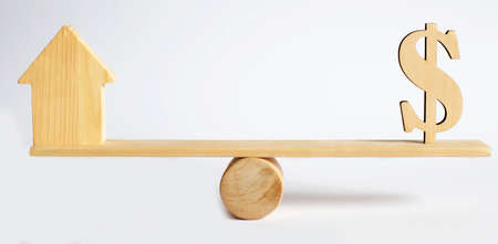 Dollar sign in Wood texture and wooden house on white background. Balanceの写真素材