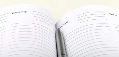 silver pen on open business agenda on the white background