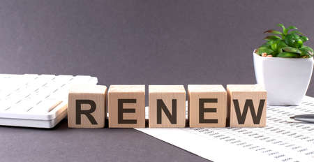Concept word RENEW on the wooden blocks on gray background from green flower and chart.の写真素材