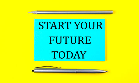 text START YOUR FUTURE TODAY on the blue sticker on yellow backgroundの写真素材