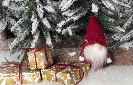 Little cute gnome near christmas tree snow background with gifts