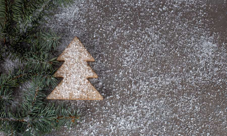 Decorated Christmas tree and spruce branch. The minimum concept of the New Year. Christmas tree. Copy spaceの写真素材