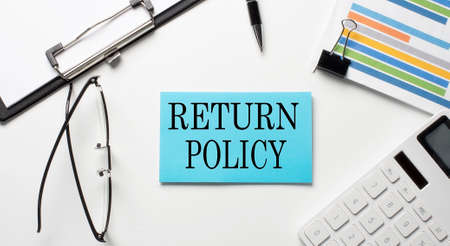 Stickers with chart,calculator and paper with text RETURN POLICY on white background