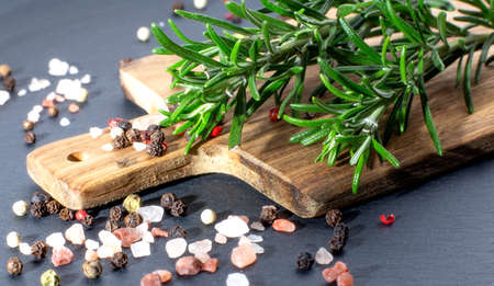 bunch of fresh organic basil on wooden cutting board with pepper and salt on the black background