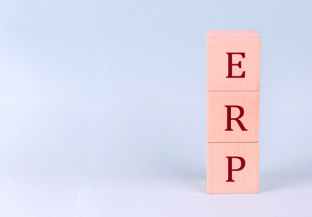 ERP on a wooden cubes on a blue backgroundの写真素材