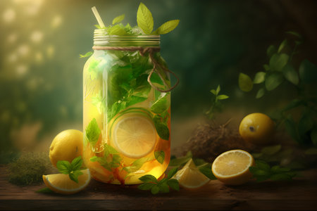 Summer fresh drink with lemons and mint leaves , nature, Generative AIの素材