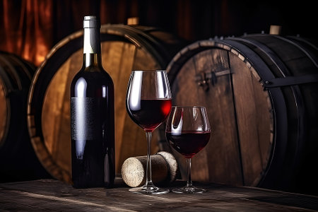 a glass and a bottle of wine on the background of barrels in the cellar, Generative AIの素材