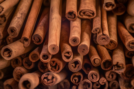 Cinnamon sticks Herb cover background closeup. Aromatic condiment background. Generative AIの素材