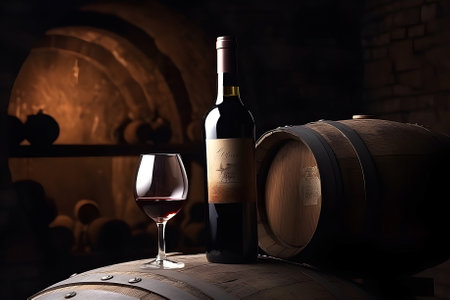 a glass and a bottle of wine on the background of barrels in the cellar, Generative AIの素材