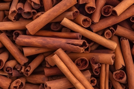 Cinnamon sticks Herb cover background closeup. Aromatic condiment background. Generative AIの素材