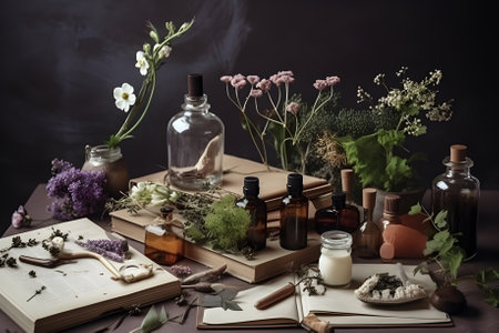 Still life herbarium concept with a natural beauty products, Generative AIの素材