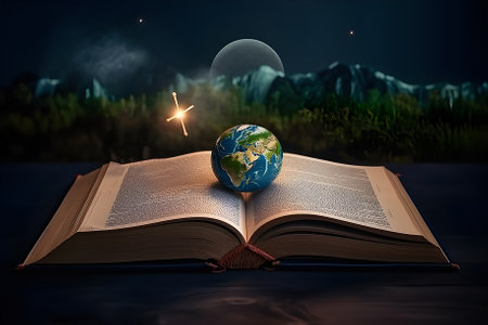 Concept of open magic book open pages with water and land . Generative AIの素材