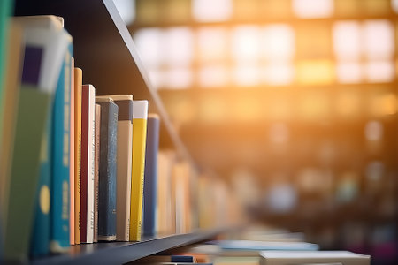 Book stack on wood desk in library room, education background, Generative AIの素材