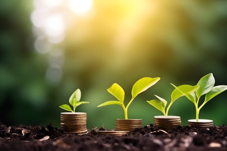 growing money. Plant On Coins - Finance , Business Investment Concept. Generative AIの素材